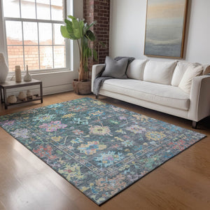 HomeRoots 10' Teal Blue Pink Gold Floral Indoor Outdoor Area Rug - Stylish, Washable, Stain-Resistant Design! 639682