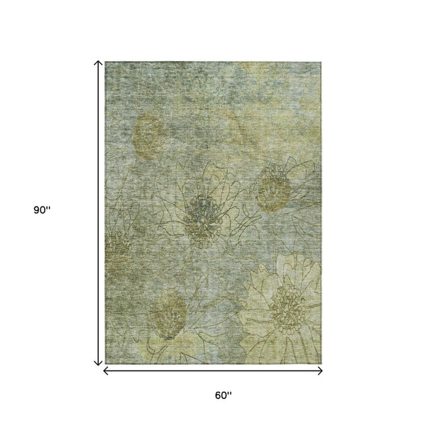 HomeRoots 5' Artichoke Green & Beige Floral Area Rug - Washable, Durable & Stylish for Indoor/Outdoor Use 639684