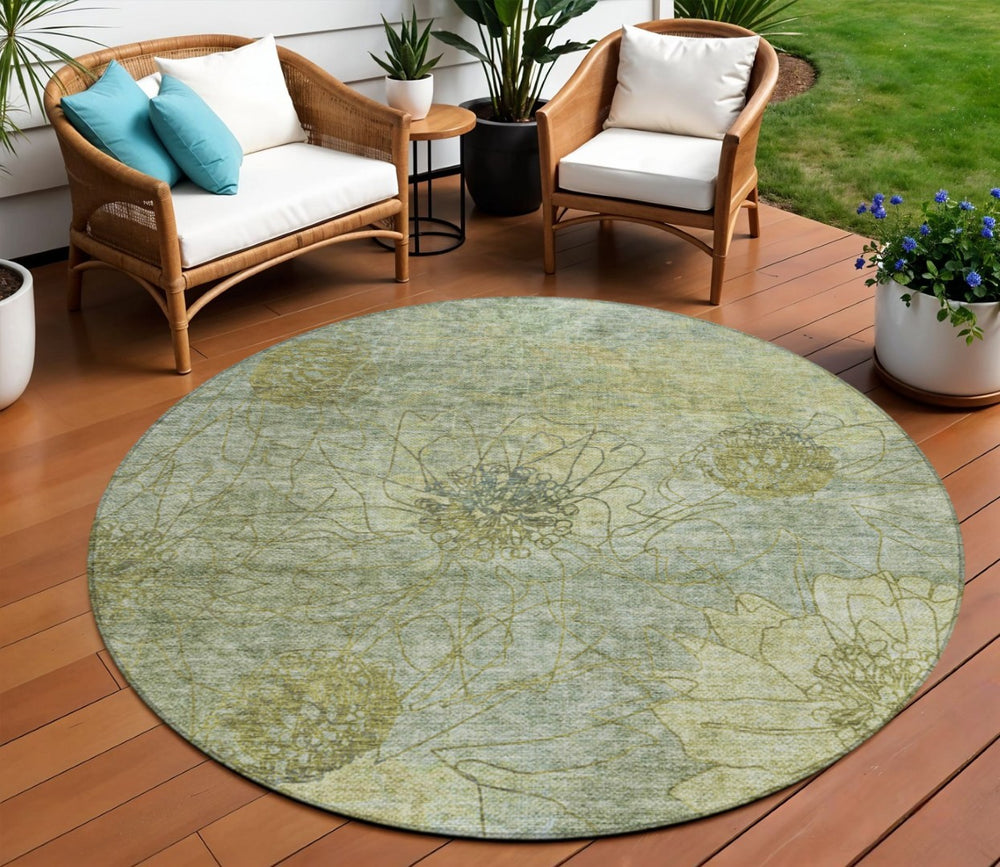 HomeRoots 8' Artichoke Green Round Floral Washable Area Rug - Durable, Stain-Resistant, Indoor/Outdoor Use 639685