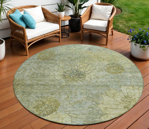 HomeRoots 8' Artichoke Green Round Floral Washable Area Rug - Durable, Stain-Resistant, Indoor/Outdoor Use 639685
