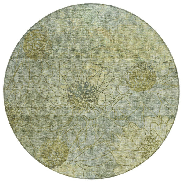 HomeRoots 8' Artichoke Green Round Floral Washable Area Rug - Durable, Stain-Resistant, Indoor/Outdoor Use 639685