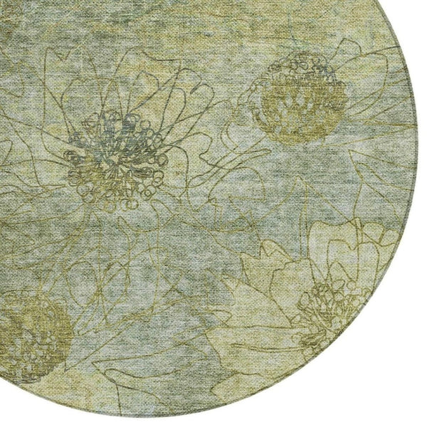 HomeRoots 8' Artichoke Green Round Floral Washable Area Rug - Durable, Stain-Resistant, Indoor/Outdoor Use 639685