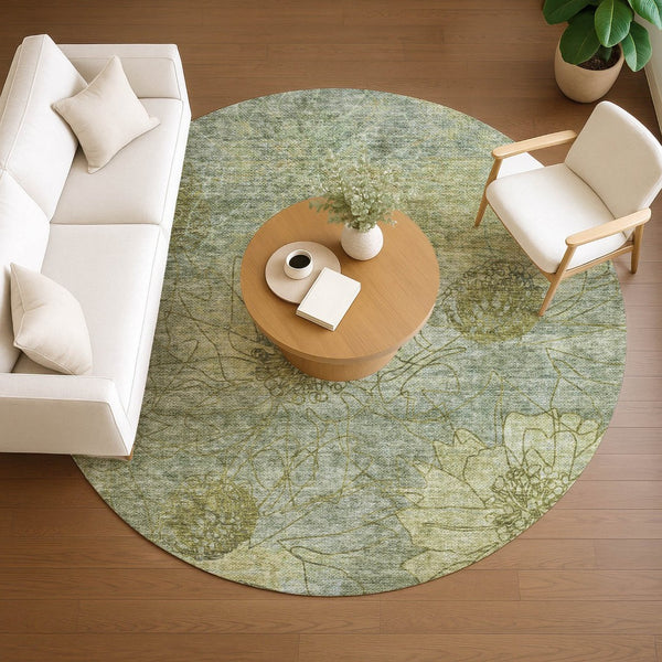 HomeRoots 8' Artichoke Green Round Floral Washable Area Rug - Durable, Stain-Resistant, Indoor/Outdoor Use 639685