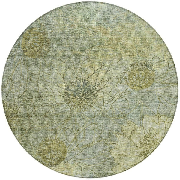 HomeRoots 8' Artichoke Green Round Floral Washable Area Rug - Durable, Stain-Resistant, Indoor/Outdoor Use 639685
