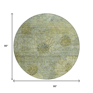 HomeRoots 8' Artichoke Green Round Floral Washable Area Rug - Durable, Stain-Resistant, Indoor/Outdoor Use 639685