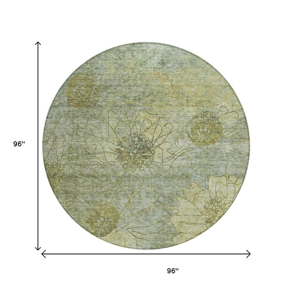 HomeRoots 8' Artichoke Green Round Floral Washable Area Rug - Durable, Stain-Resistant, Indoor/Outdoor Use 639685