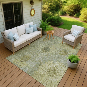 HomeRoots 8' X 10' Washable Artichoke Green Beige Floral Area Rug - Durable Indoor/Outdoor Charm for All Spaces 639686
