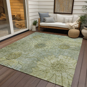 HomeRoots 9' X 12' Artichoke Green & Beige Floral Rug - Washable, Durable for Indoor & Outdoor High-Traffic Use 639687