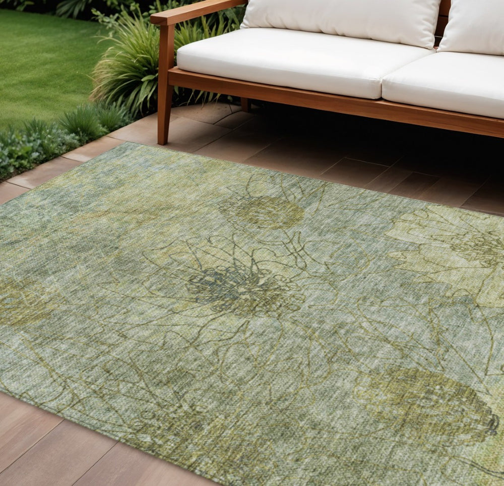 HomeRoots 10' Floral Indoor Outdoor Area Rug in Artichoke Green & Beige - Washable, Durable, Stylish Design 639688