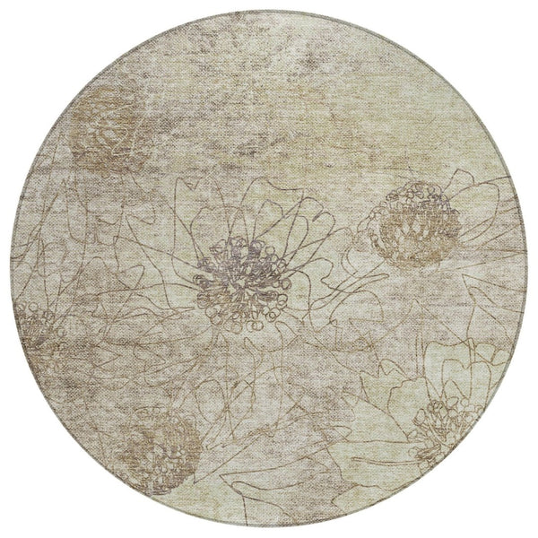 HomeRoots 8' Round Floral Washable Area Rug in Brown & Beige - Perfect for Indoor/Outdoor Elegance & Durability 639691