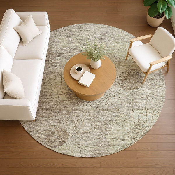 HomeRoots 8' Round Floral Washable Area Rug in Brown & Beige - Perfect for Indoor/Outdoor Elegance & Durability 639691