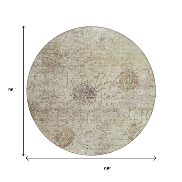 HomeRoots 8' Round Floral Washable Area Rug in Brown & Beige - Perfect for Indoor/Outdoor Elegance & Durability 639691