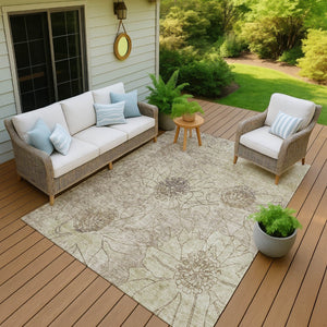 HomeRoots 9' X 12' Floral Area Rug - Durable Brown & Beige Design for Indoor/Outdoor Use, Machine Washable! 639693