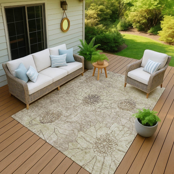 HomeRoots 9' X 12' Floral Area Rug - Durable Brown & Beige Design for Indoor/Outdoor Use, Machine Washable! 639693