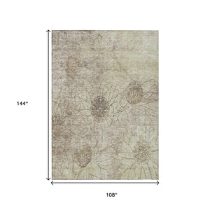 HomeRoots 9' X 12' Floral Area Rug - Durable Brown & Beige Design for Indoor/Outdoor Use, Machine Washable! 639693