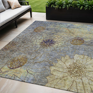 HomeRoots 5' Denim Blue & Gold Floral Washable Area Rug - Durable, Stylish for Indoor & Outdoor Spaces! 639696