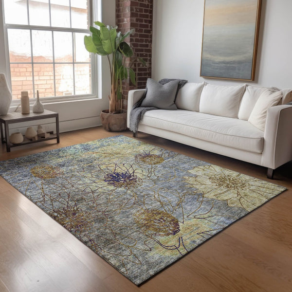 HomeRoots 5' Denim Blue & Gold Floral Washable Area Rug - Durable, Stylish for Indoor & Outdoor Spaces! 639696