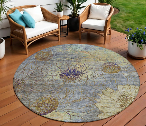 HomeRoots 8' Denim Blue and Gold Round Floral Rug - Stylish, Washable Area Rug for Indoor and Outdoor Spaces 639697