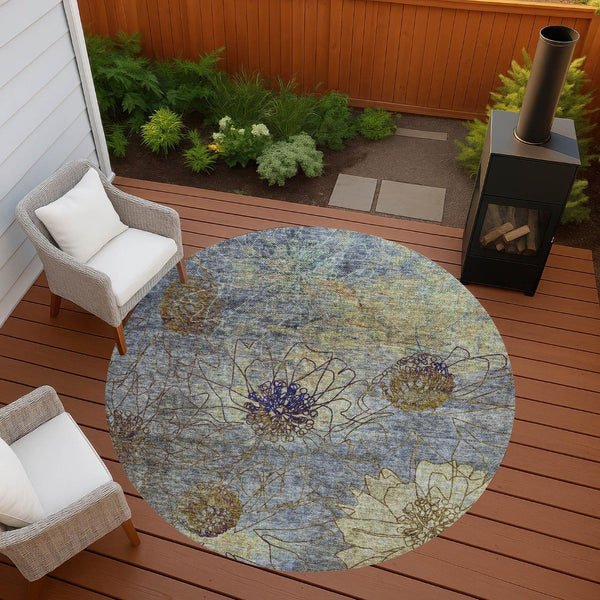 HomeRoots 8' Denim Blue and Gold Round Floral Rug - Stylish, Washable Area Rug for Indoor and Outdoor Spaces 639697