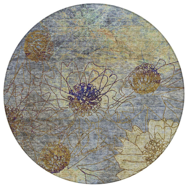 HomeRoots 8' Denim Blue and Gold Round Floral Rug - Stylish, Washable Area Rug for Indoor and Outdoor Spaces 639697