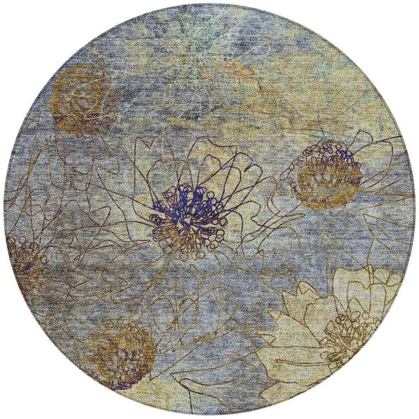HomeRoots 8' Denim Blue and Gold Round Floral Rug - Stylish, Washable Area Rug for Indoor and Outdoor Spaces 639697