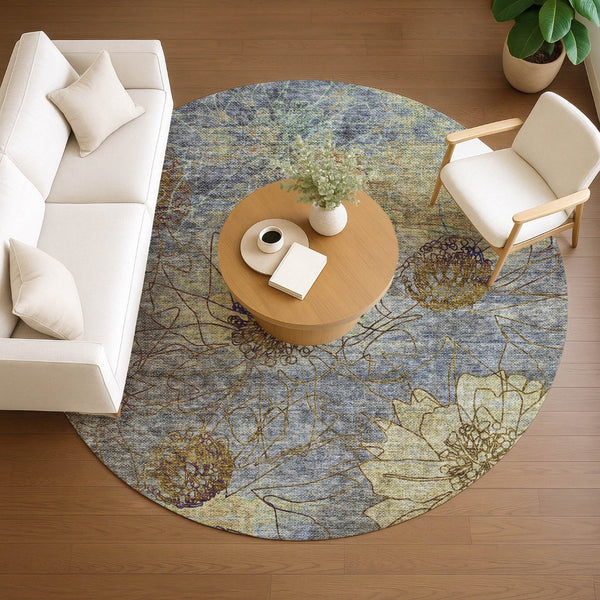 HomeRoots 8' Denim Blue and Gold Round Floral Rug - Stylish, Washable Area Rug for Indoor and Outdoor Spaces 639697