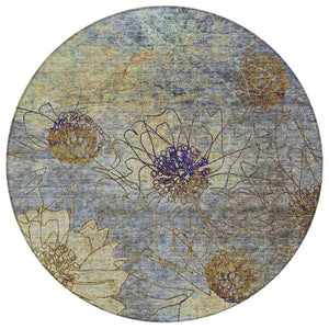 HomeRoots 8' Denim Blue and Gold Round Floral Rug - Stylish, Washable Area Rug for Indoor and Outdoor Spaces 639697