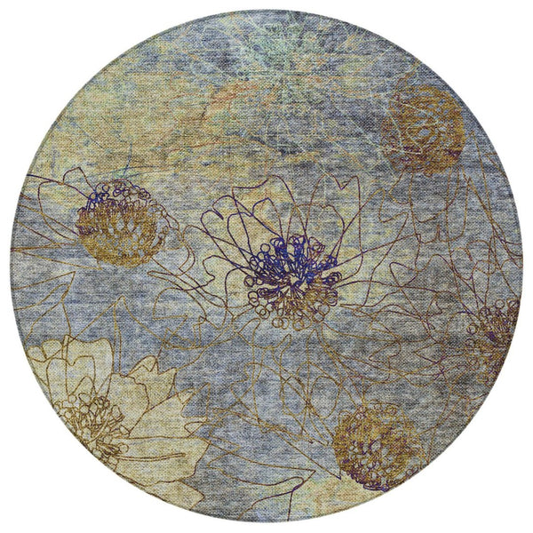 HomeRoots 8' Denim Blue and Gold Round Floral Rug - Stylish, Washable Area Rug for Indoor and Outdoor Spaces 639697