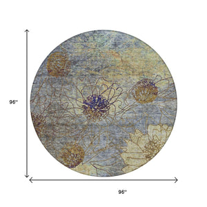 HomeRoots 8' Denim Blue and Gold Round Floral Rug - Stylish, Washable Area Rug for Indoor and Outdoor Spaces 639697