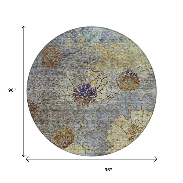HomeRoots 8' Denim Blue and Gold Round Floral Rug - Stylish, Washable Area Rug for Indoor and Outdoor Spaces 639697