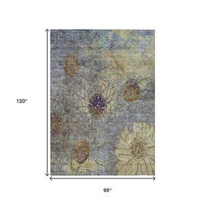 HomeRoots 8' X 10' Elegant Denim Blue & Gold Floral Area Rug - Durable, Washable for Indoor/Outdoor Use! 639698