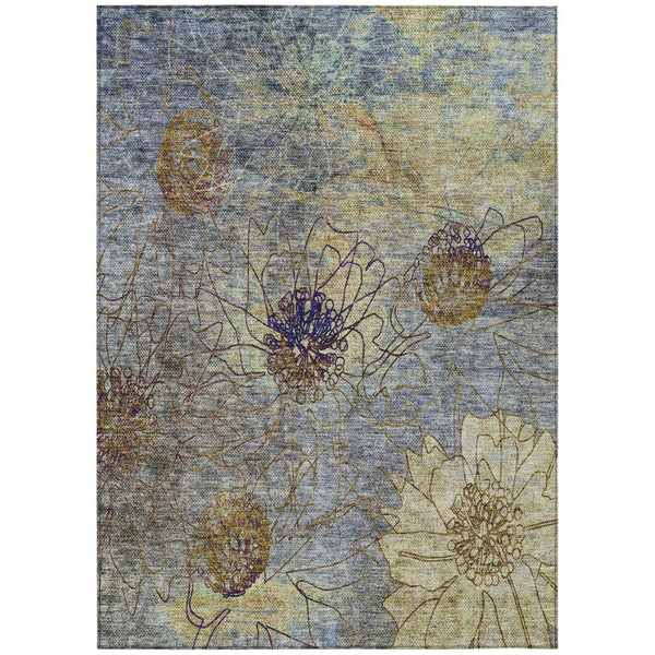 HomeRoots 8' X 10' Elegant Denim Blue & Gold Floral Area Rug - Durable, Washable for Indoor/Outdoor Use! 639698