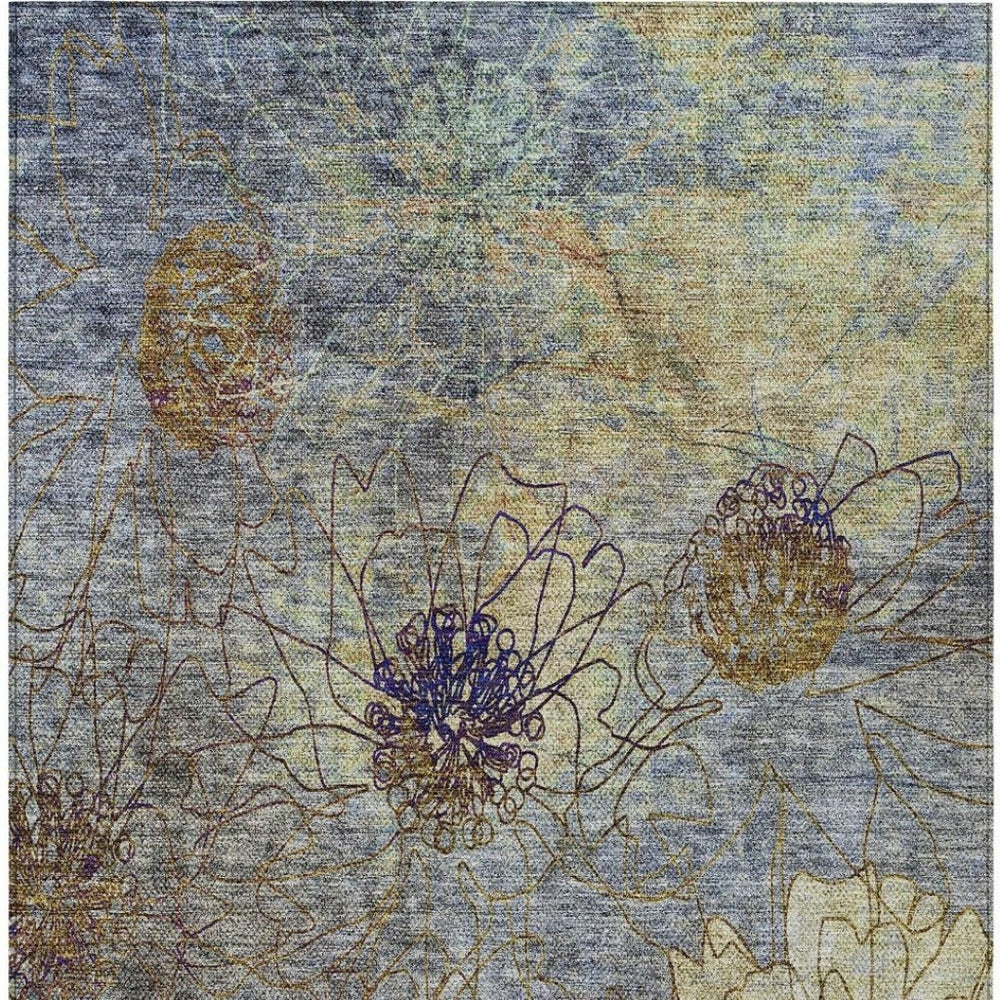 HomeRoots 8' X 10' Elegant Denim Blue & Gold Floral Area Rug - Durable, Washable for Indoor/Outdoor Use! 639698
