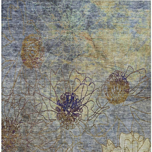 HomeRoots 8' X 10' Elegant Denim Blue & Gold Floral Area Rug - Durable, Washable for Indoor/Outdoor Use! 639698