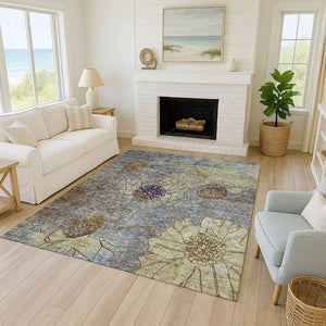 HomeRoots 8' X 10' Elegant Denim Blue & Gold Floral Area Rug - Durable, Washable for Indoor/Outdoor Use! 639698