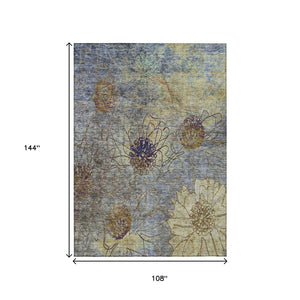 HomeRoots 9' Stylish Denim Blue & Gold Floral Area Rug - Washable, Durable, Perfect for Indoor & Outdoor Use! 639699
