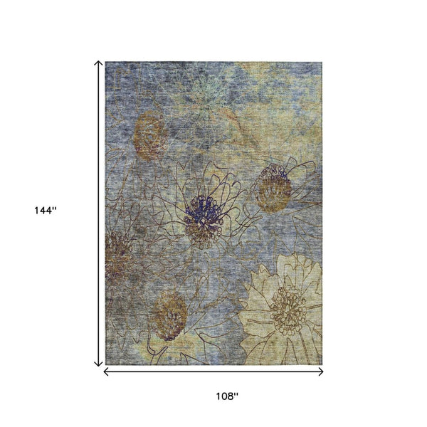 HomeRoots 9' Stylish Denim Blue & Gold Floral Area Rug - Washable, Durable, Perfect for Indoor & Outdoor Use! 639699