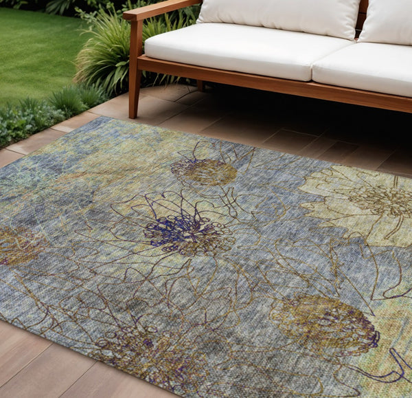 HomeRoots 9' Stylish Denim Blue & Gold Floral Area Rug - Washable, Durable, Perfect for Indoor & Outdoor Use! 639699