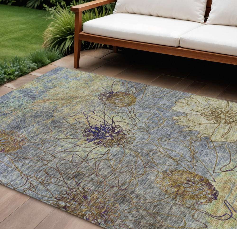 HomeRoots 10' Denim Blue & Gold Floral Washable Area Rug - Durable, Stylish, Indoor/Outdoor Use for High-Traffic Spaces 639700