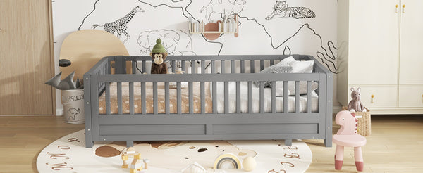 English Elm Twin Xl Convertible Platform Bed With Guardrails, Solid Wood Frame In Gray - Safe & Stylish Sleep Solution W1580S00242-GIGA