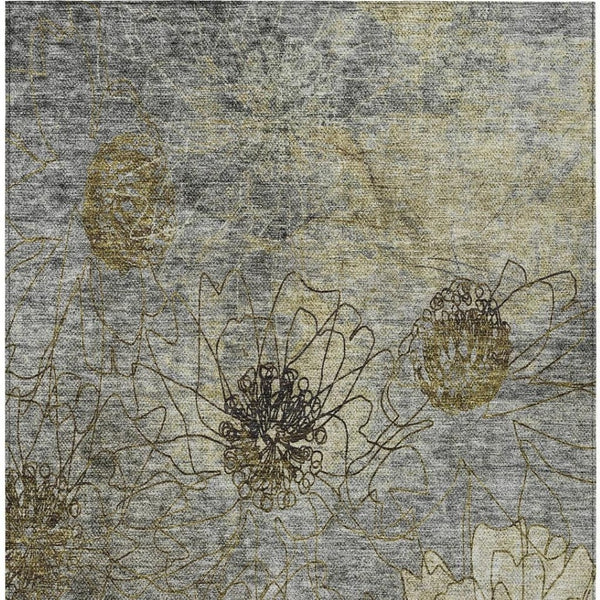 HomeRoots 5' Granite Gray and Gold Floral Washable Area Rug - Durable, Elegant Design for Indoor & Outdoor Use 639702