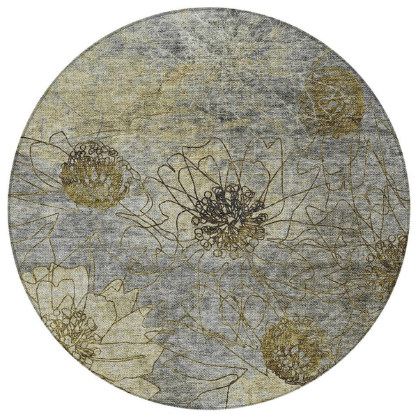 HomeRoots 8' Granite Gray and Gold Round Floral Washable Area Rug - Durable, Stylish Design for Indoors & Outdoors 639703