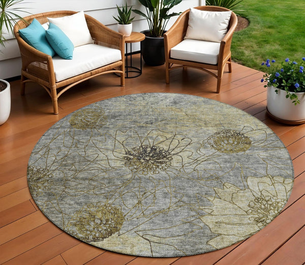 HomeRoots 8' Granite Gray and Gold Round Floral Washable Area Rug - Durable, Stylish Design for Indoors & Outdoors 639703