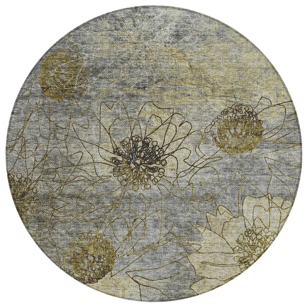 HomeRoots 8' Granite Gray and Gold Round Floral Washable Area Rug - Durable, Stylish Design for Indoors & Outdoors 639703
