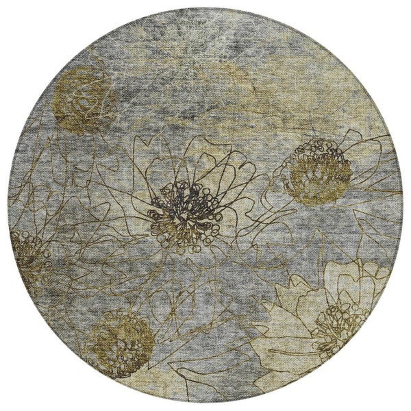 HomeRoots 8' Granite Gray and Gold Round Floral Washable Area Rug - Durable, Stylish Design for Indoors & Outdoors 639703