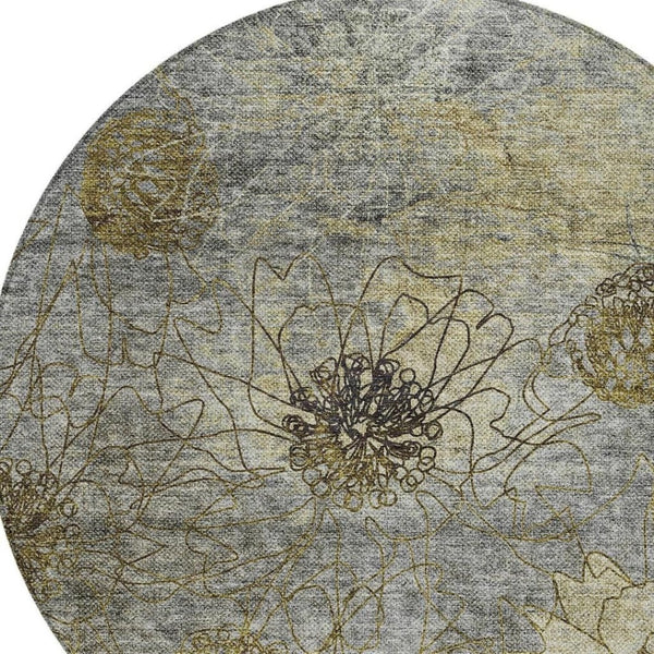 HomeRoots 8' Granite Gray and Gold Round Floral Washable Area Rug - Durable, Stylish Design for Indoors & Outdoors 639703