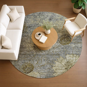 HomeRoots 8' Granite Gray and Gold Round Floral Washable Area Rug - Durable, Stylish Design for Indoors & Outdoors 639703