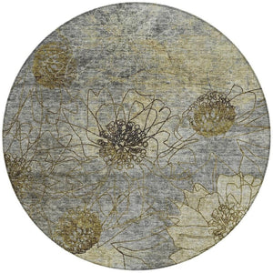 HomeRoots 8' Granite Gray and Gold Round Floral Washable Area Rug - Durable, Stylish Design for Indoors & Outdoors 639703