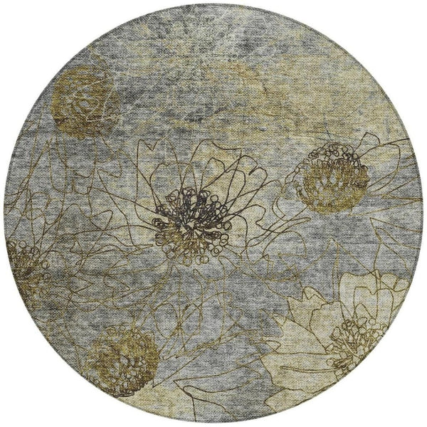 HomeRoots 8' Granite Gray and Gold Round Floral Washable Area Rug - Durable, Stylish Design for Indoors & Outdoors 639703