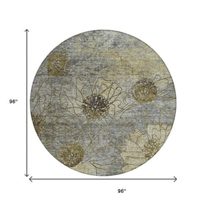 HomeRoots 8' Granite Gray and Gold Round Floral Washable Area Rug - Durable, Stylish Design for Indoors & Outdoors 639703